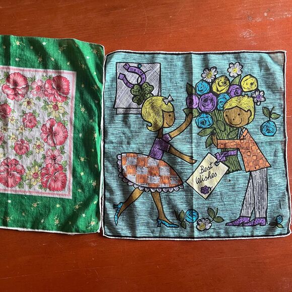 Vintage Handkerchief Set of Two 1950s Hankies Novelty Print Scarves - Picture 5 of 10